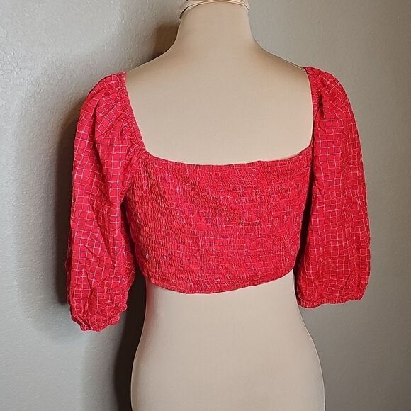 Lulus Large Sunshine Girl Red Tie-Front Puff Sleeve Crop Top - Picture 3 of 8
